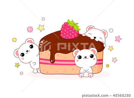 Lovely polar bears with a piece of fruit pie 48568280