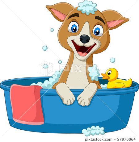 Cartoon dog having a bath 57970064