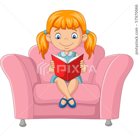 Cartoon little girl reading a book sitting on sofa 57970066