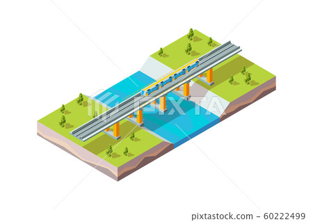 Railway viaduct. Urban train above river modern city infrastructure railroad vector isometric 60222499