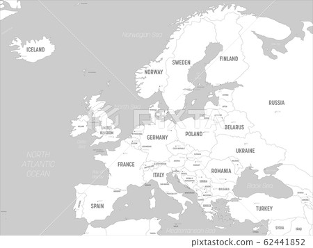 Europe map - white lands and grey water. High detailed political map of european continent with country, capital, ocean and sea names labeling 62441852