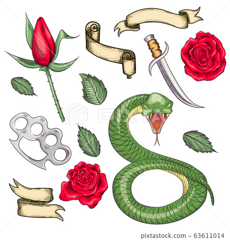 Set of elements for tattoos or stickers, prints in the old school style 63611014