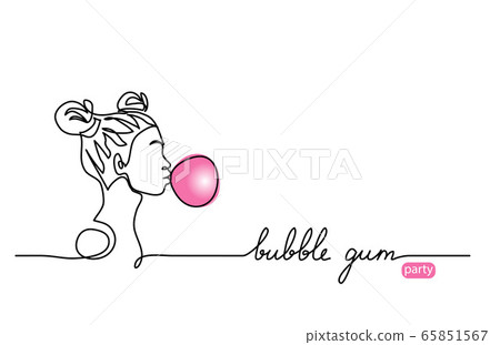 Bubble gum balloon vector sketch. Young girl, teenager with bubblegum ball, simple illustration. One continuous line drawing web banner, background, poster with lettering. Editable stroke 65851567