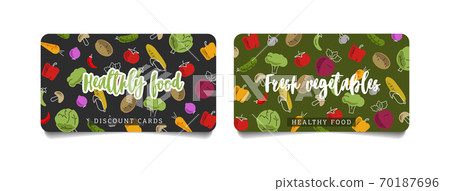 Set of dicount or loyalty program cards with modern illustration of fresh vegetables and callygraphy copy, isolated 70187696