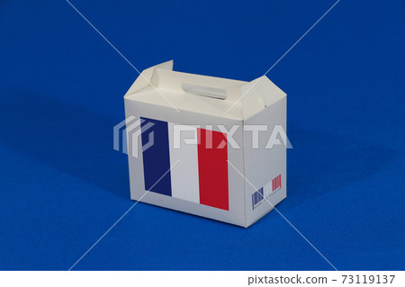 France flag on white box with barcode and the color of nation flag on blue background. 73119137