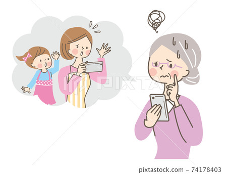 Senior women who are in trouble because they don't know how to use their smartphones 74178403