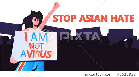 stop asian hate woman in mask holding banner against racism support people during coronavirus pandemic 76523835