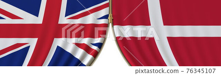 the United Kingdom and Denmark political cooperation or conflict, flags and closing or opening zipper, conceptual 3D rendering 76345107