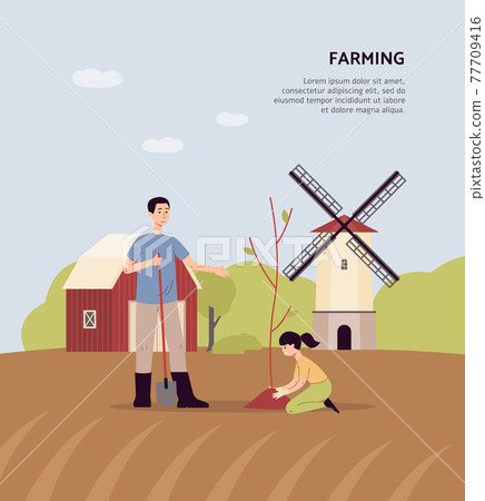 Happy farmer family father and daughter plant a tree in garden a vector poster 77709416