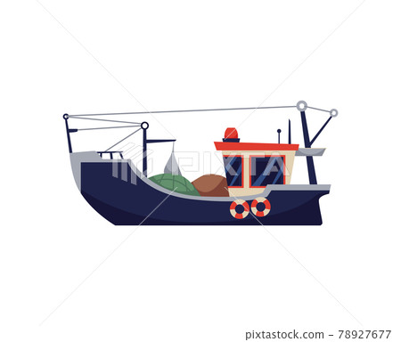 Fishing boat, vessel with equipment for commercial fish catch at sea or ocean. 78927677