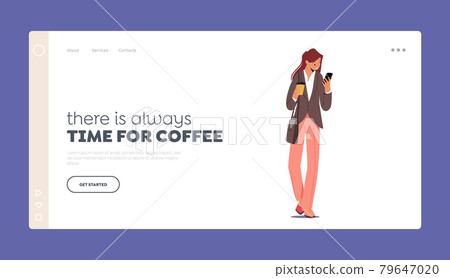 Morning Takeaway Drink Refreshment Landing Page Template. Young Businesswoman Character in Formal Wear Drinking Coffee 79647020