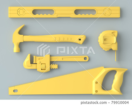 Top view of monochrome construction tools for repair on grey and yellow 79910004