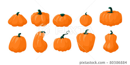 Cartoon pumpkin. Autumn gourd vegetable for Halloween and Thanksgiving holidays. Simple orange plant flat icon. Cooking natural ingredient. Vegetarian food product. Vector squash set 80386884