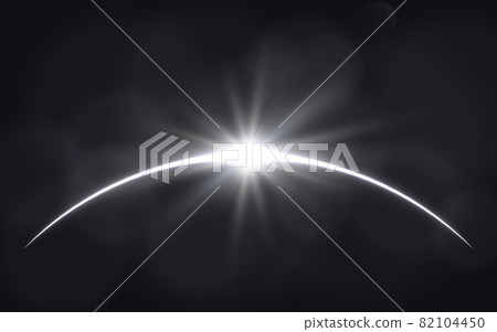 Sun eclipse. Solar ring on dark backdrop. Planet with sun rays. Abstract light effect. White glow in space. Earth horizon with lights. Realistic sunrise with glares. Vector illustration 82104450