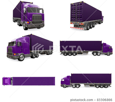 Set large retro purple truck with a sleeping part and an aerodynamic extension carries a trailer with a sea container. 3d rendering. 83306866