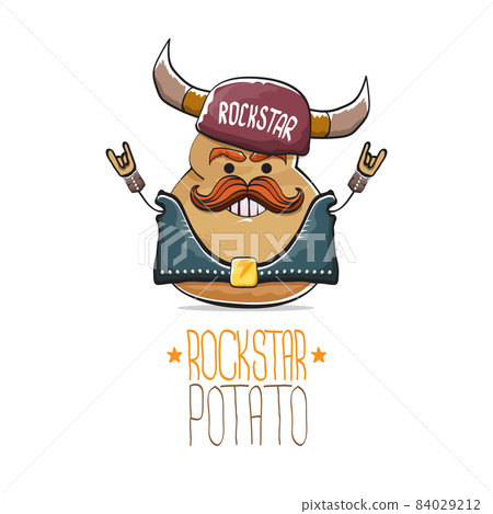 vector rock star potato funny cartoon cute character with viking helmet, leather jacket, sunglasses and moustache isolated on white background. rock n roll hipster vegetable funky character 84029212