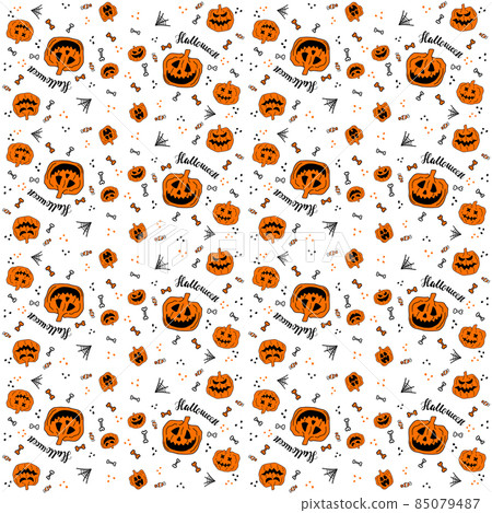 Pattern of halloween angry faces pumpkins, bones and sweets with lettering text 85079487