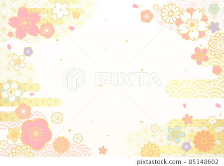 Japanese style vector illustration background of Japanese pattern clouds and flowers (pastel, Hinamatsuri, cherry blossoms) 85148602