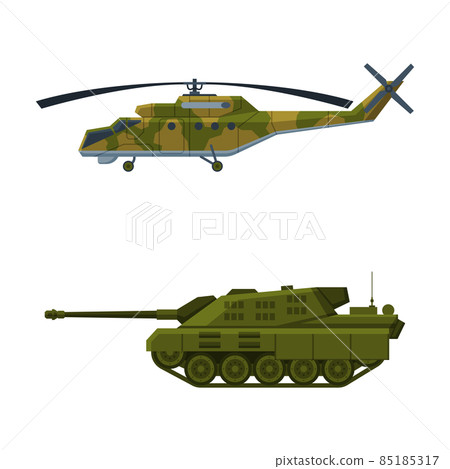 Tank and Helicopter as Armored Fighting Vehicle and Military Transport Equipment Vector Set 85185317