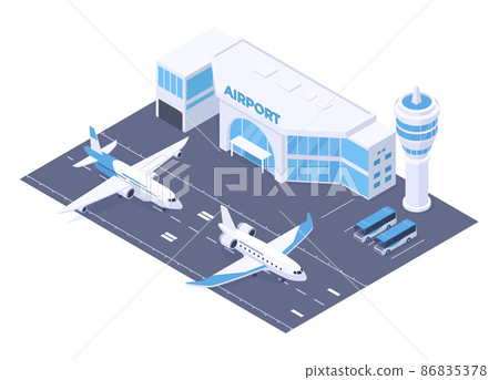 Isometric airport building and runway, plane taking off. International airport terminal isolated vector illustration. City airport runway strip 86835378