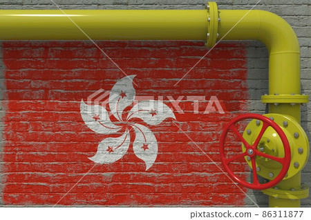 Flag of Hong Kong and industrial pipe with valve. 3d rendering 86311877