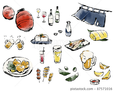 Sake, appetizer, izakaya set hand-drawn vector illustration 87571016