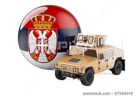 Military truck with Serbian flag. Combat defense of Serbia, concept. 3D rendering 87589549