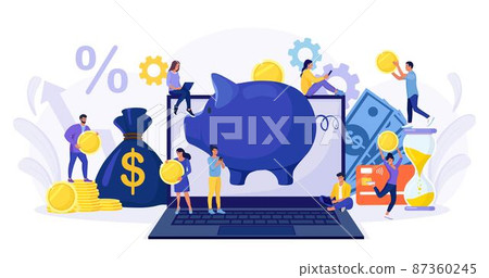 Online banking. People putting coin money into a piggy bank on laptop screen. Business investment, profit income. Exchange, savings or accumulating money. Characters using computer, smartphone 87360245