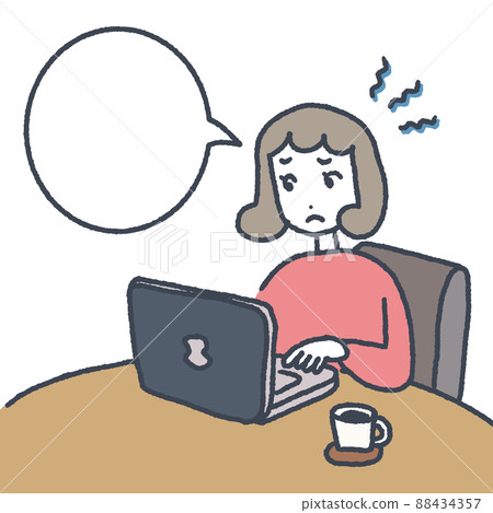 A young woman with a troubled face looking at a PC screen (speech balloon) 88434357