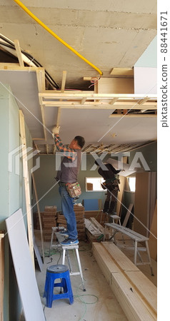 Construction site, interior, equipment, carpentry, carpentry, wooden stairs, walls, ceiling 88441671