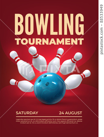 Bowling tournament. Realistic 3D sport tournament elements with skittles and bowling ball. Vector poster template 88533949