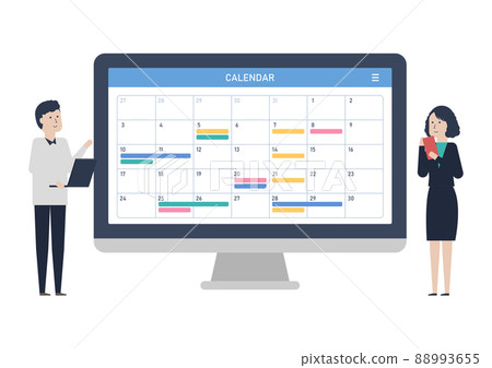 Illustration material of Japanese business team adjusting schedule with calendar sharing application 88993655