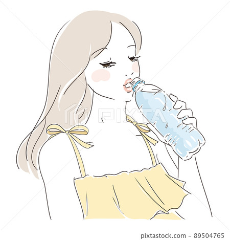 Cute woman with long hair drinking water from a plastic bottle 89504765