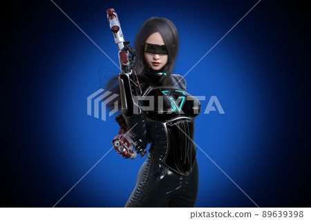 A woman in black combat uniform and black goggles stands in the dark with a gun 89639398