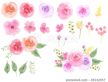 Watercolor flower and rose parts & bouquet 89142957