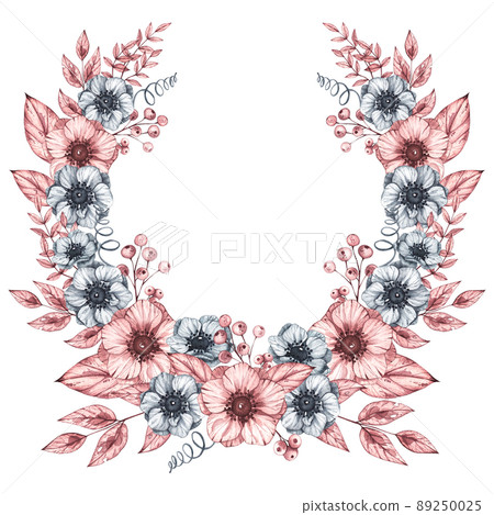 Watercolor frame wreath of flowers of anemones, berries and leaves 89250025