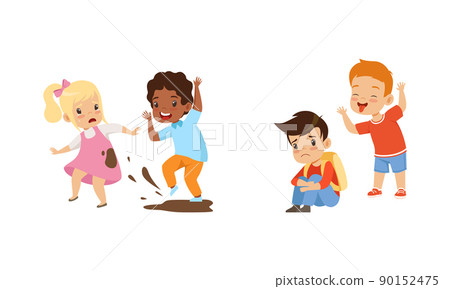 Offensive Boy Bullying and Abusing Sad Agemate Vector Illustration Set 90152475