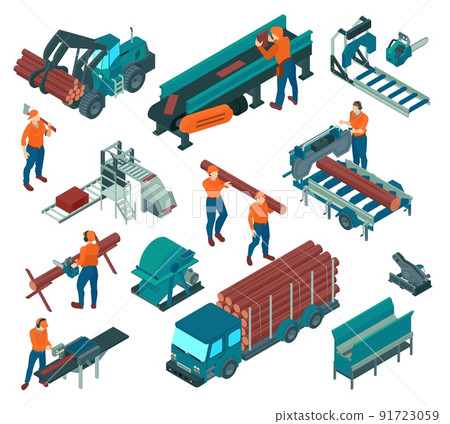 Isometric Sawmill Lumberjack Color Icon Set 91723059