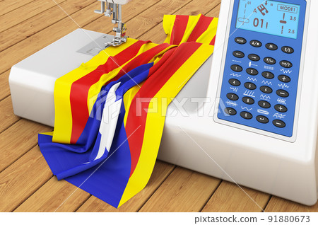 Sewing machine with Catalan flag on the wooden table. 3D rendering 91880673