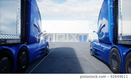 Futuristic electrick trucks on warehouse parking. Logistic center. Delivery, transport concept. 3d rendering. 92649611