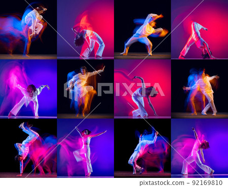 Collage with break dance or hip hop dancers dancing isolated over multicolored background in neon mixed light. Youth culture, freestyle, movement, music, fashion and action. 92169810