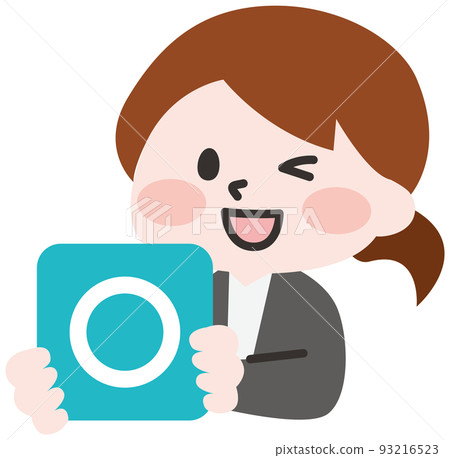 Illustration of a woman holding a circle card 93216523