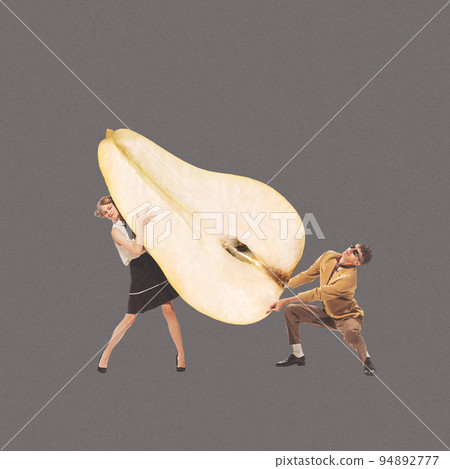 Contemporary art collage. Creative design with young man and woman carrying big pear symbolizing healthy eating 94892777