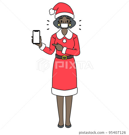 A black woman in a Santa costume operating a smartphone with a mask 95407126