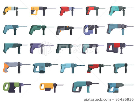 Electric hammer drill icons set cartoon vector. Construction drill. Concrete hammer 95486936