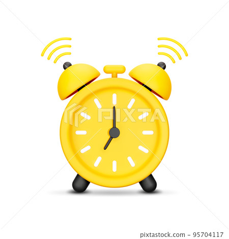 3D Cartoon Ringing Alarm Clock in Yellow Color Isolated on White Background. Concept of Morning, Time to Wake Up or Deadline. Time is up Icon for app. Vector Illustration of 3d Render. 95704117