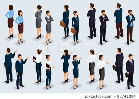 Trend Isometric people 3D businessmen and business woman in business suits, people's gestures, a front view and rear view isolated on a light background. Vector illustration 95741894