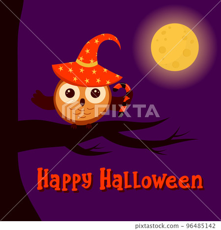 Cute owl in witch hat with candy is sitting on a branch. Moon is shining. Happy Halloween poster, greeting card, postcard. Vector illustration in cartoon style. 96485142