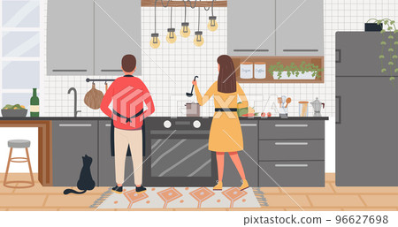 Family cooking at home. Man and woman making soup in kitchen interior. Couple preparing food together 96627698