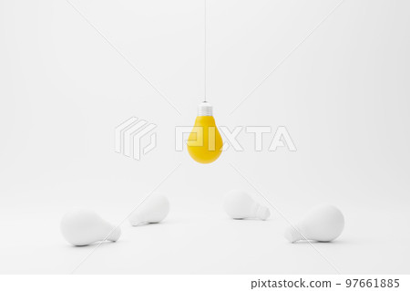 Hanging light bulb yellow outstanding among lightbulb group 97661885